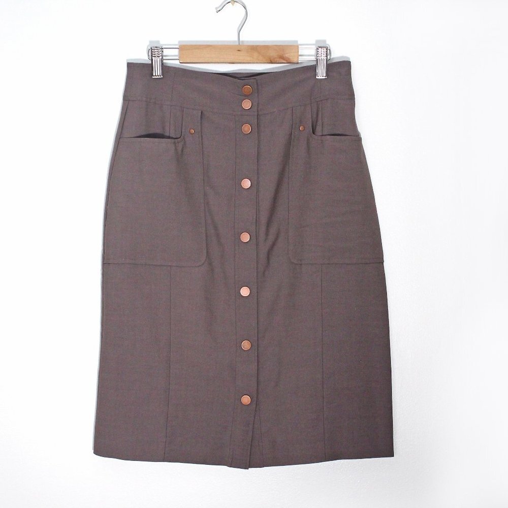 Vintage 90s RODIER Taupe Pencil Skirt Deep Pockets Snap Front Closure